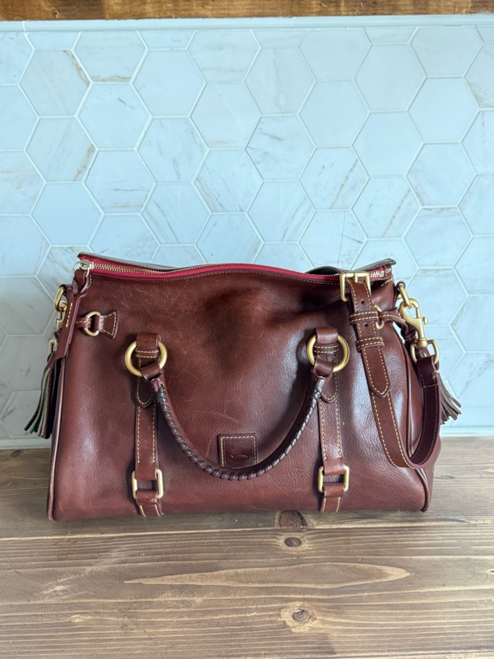 Dooney & Bourke Brown Leather Satchel with Gold Hardware